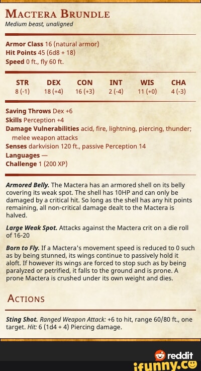 Macttera Brundle Medium Beast Unaligned Armor Class Natural Armor