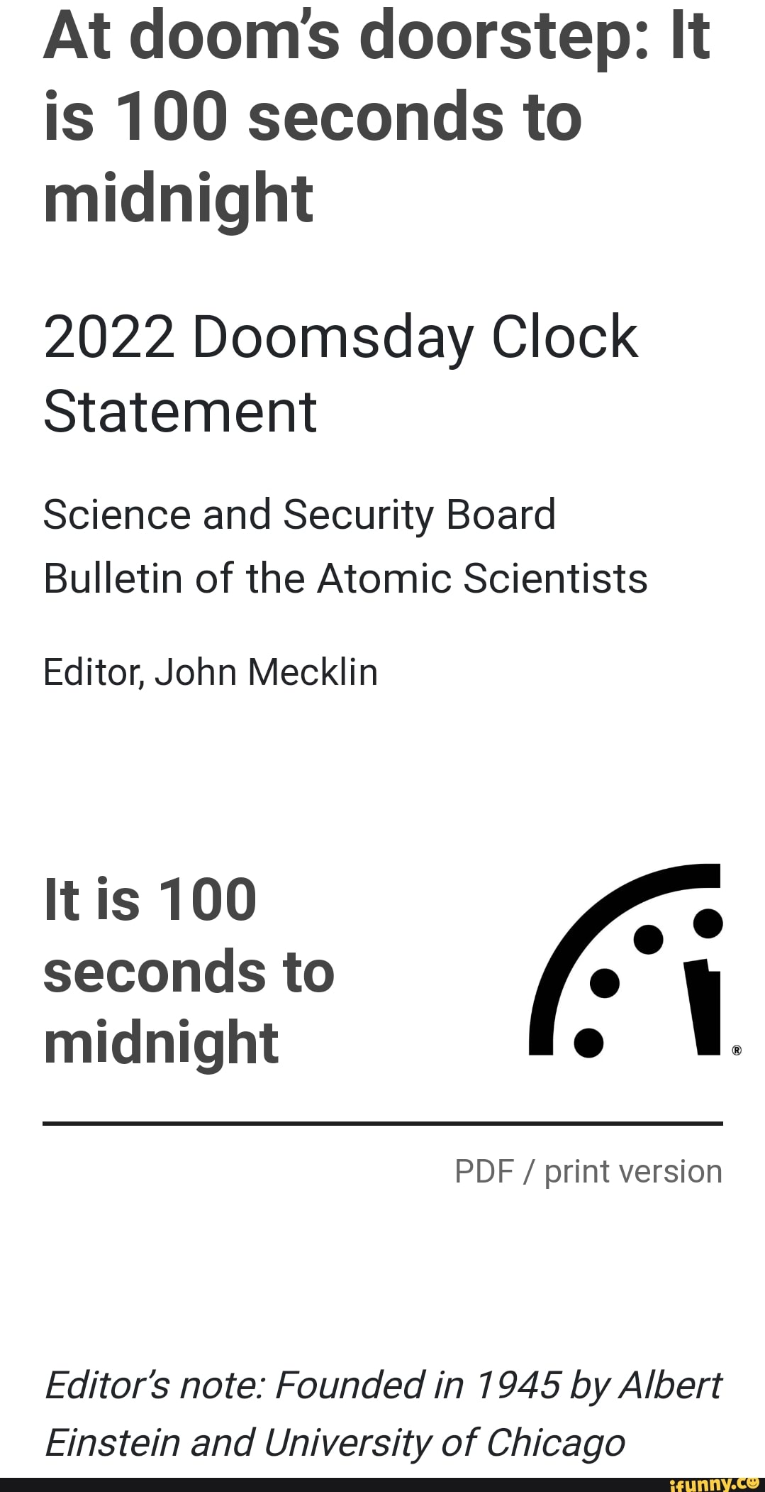 At Dooms Doorstep It Is Seconds To Midnight Doomsday Clock