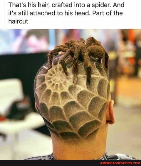 That's his hair, crafted into a spider. And it's still attached to his head. Part of the haircut