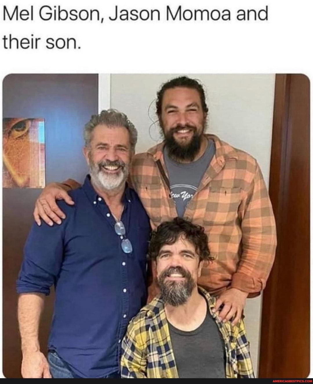 Mel Gibson, Jason Momoa and their son.