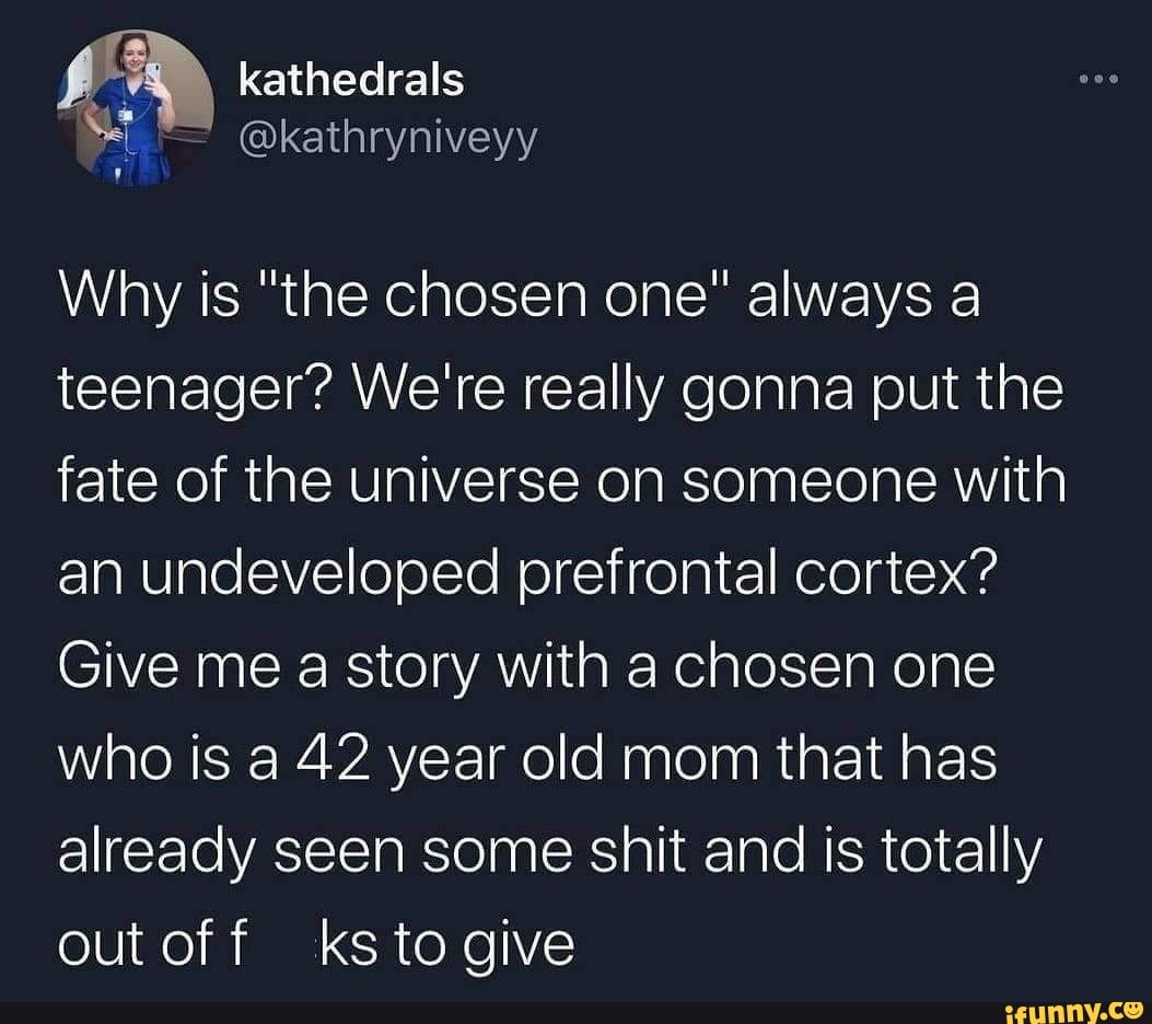 kathedrals
@kathryniveyy
Why is "the chosen one" always a teenager? We're really gonna put the fate of the universe on someone with an undeveloped prefrontal cortex?
Give me a story with a chosen one who is a 42 year old mom that has already seen some shit and is totally out off ks to give