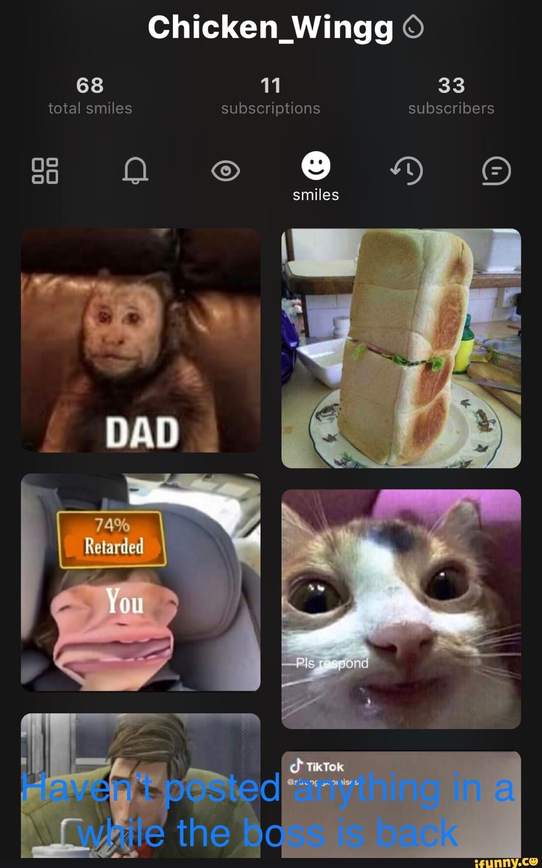 Chicken __Wingg
68 11 33 total smiles subscriptions subscribers
smiles
re
DAD
74%
Retarded
ow
