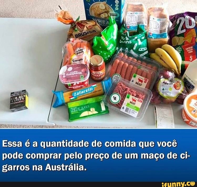 Essa é a quantidade de comida que você pode comprar pelo preço de um maço de ci- garros na Austrália.