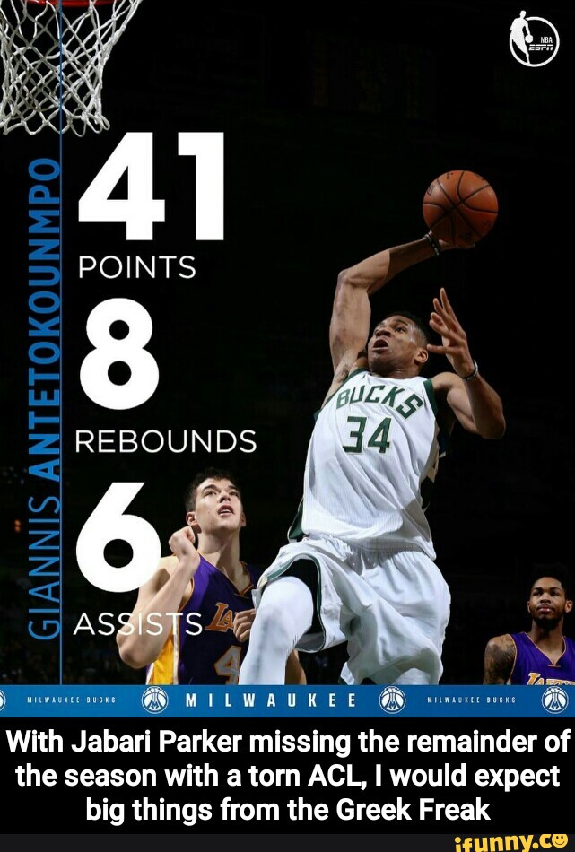 POINTS
8
REBOUNDS
With Jabari Parker missing the remainder of
the season with a torn ACL, I would expect
big things from the Greek Freak - With Jabari Parker missing the remainder of the season with a torn ACL, I would expect big things from the Greek Freak
