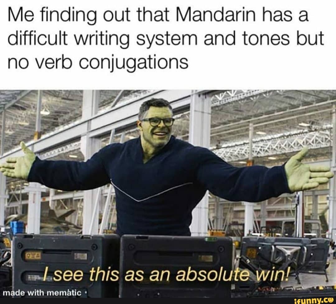 Me finding out that Mandarin has a difficult writing system and tones but no verb conjugations
I see this as an absolute winks