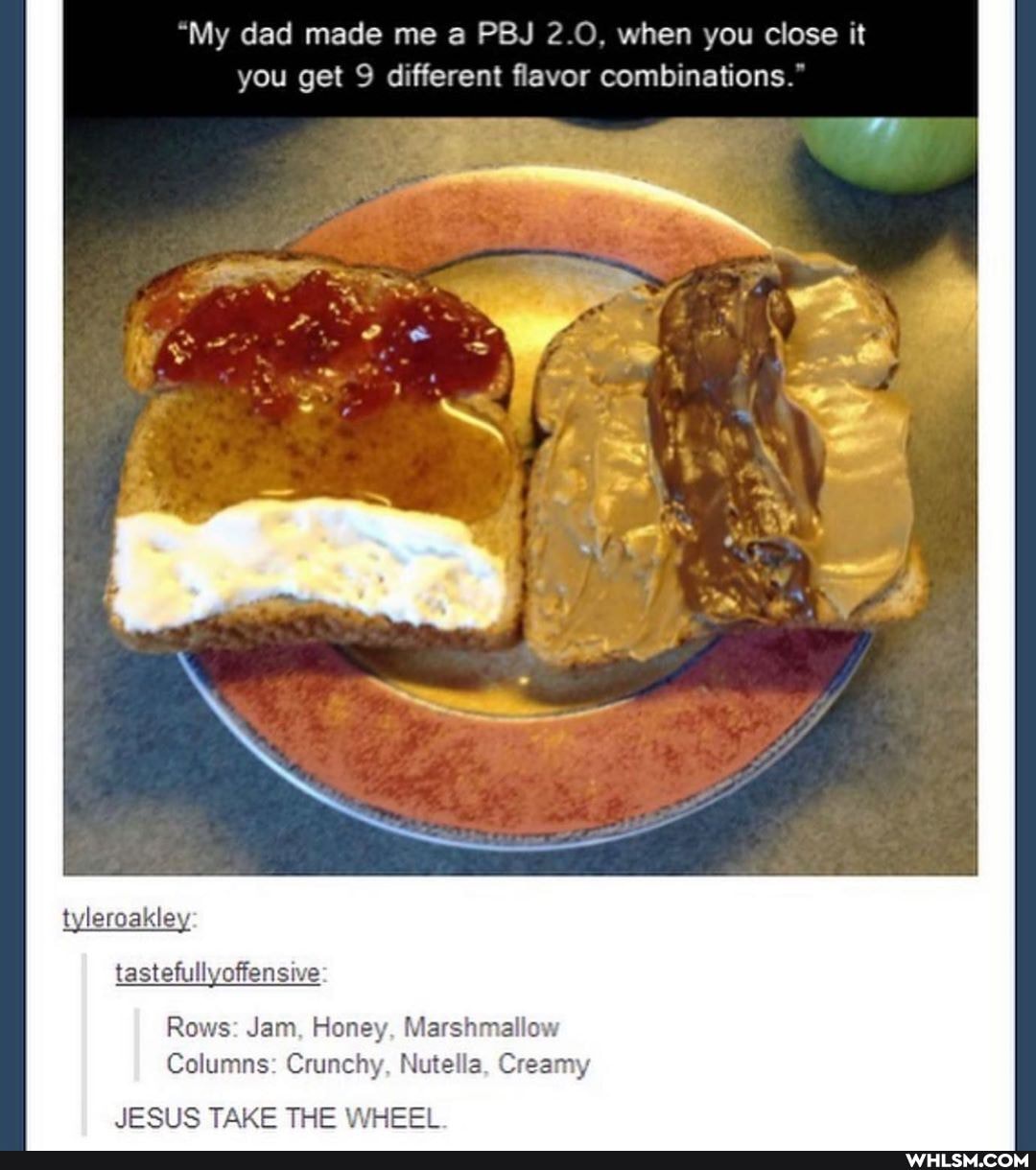 "My dad made me a PBJ 2.0, when you close it you get 9 different flavor combinations.
tyleroakley
tastefullyoffensive
Rows: Jam, Honey, Marshmallow
Columns: Crunchy, Nutella, Creamy
JESUS TAKE THE WHEEL