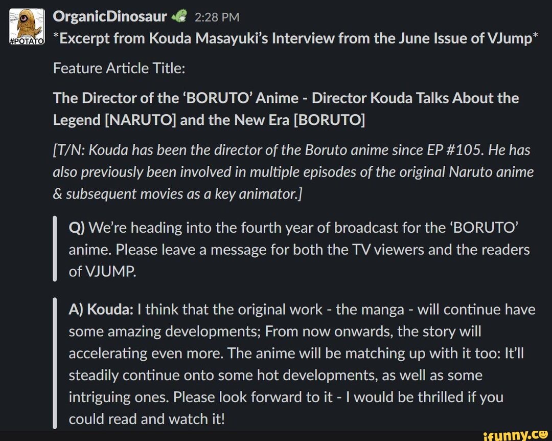 I Excerpt From Kouda Masayuki S Interview From The June Issue Of Vjump Feature Article Title The Director Of The Boruto Anime Director Kouda Talks About The Legend Naruto And The New Era