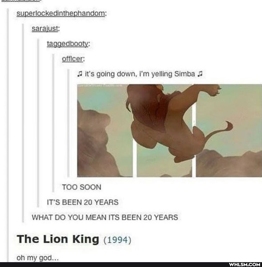 superlockedinthephandom: sarajust: taggedbooty: officer:
it's going down, I'm yelling Simba
TOO SOON IT'S BEEN 20 YEARS WHAT DO YOU MEAN ITS BEEN 20 YEARS
The Lion King (1994)