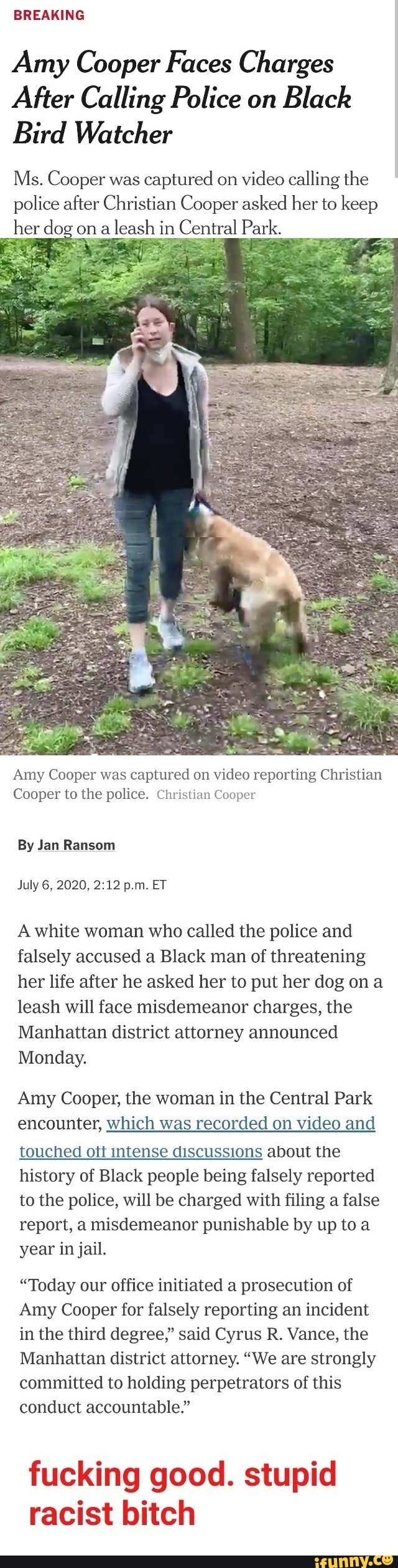 BREAKING
Amy Cooper Faces Charges
After Calling Police on
Black
Bird Watcher
Ms. Cooper was
captured on
video calling the
police after Christian Cooper asked her to keep
her dog on a
leash in Central Park.
Amy Cooper was captured on video reporting Christian
Cooper to the police. Christian Cooper