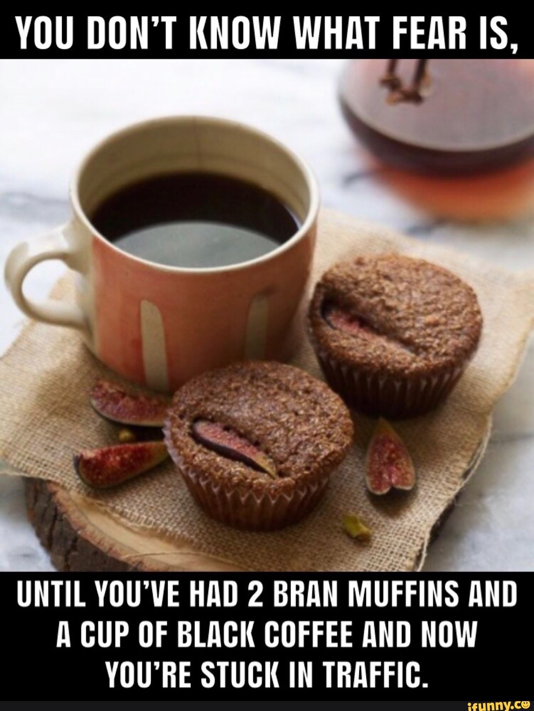 YOU DON'T KNOW WHAT FEAR IS,
UNTIL YOU'VE HAD 2 BRAN MUFFINS AND
A CUP OF BLACK COFFEE AND NOW
YOU'RE STUCK IN TRAFFIC.