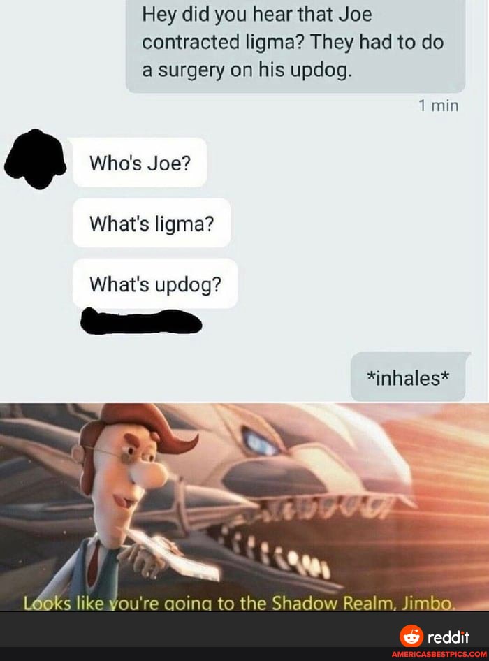 Hey did you hear that Joe contracted ligma? They had to do a surgery on his updog.
1 min
@ Who's Joe?
What's ligma?
What's updog?
*inhales*
ike you're aoina to the Shadow Realm. Jimbo.
reddit