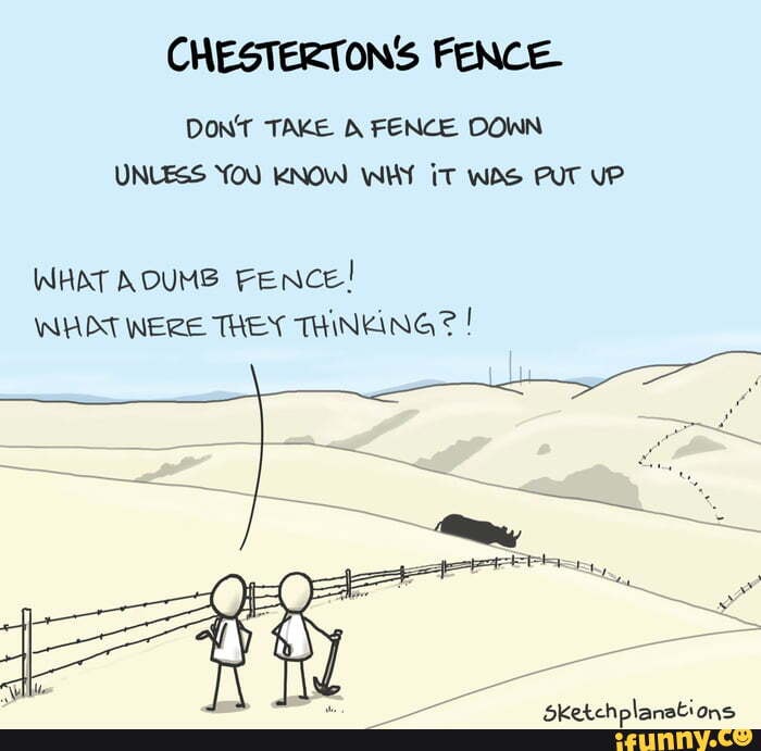 CHESTERTON'S FENCE DONT TAKE FENCE DOWN UNLESS YOU KNOW WHY iT PUT UP