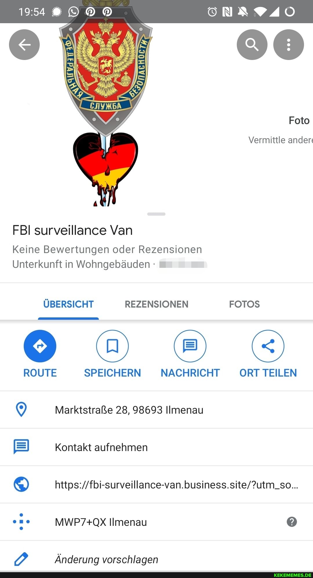 Foto
Vermittle anden
FBI surveillance Van
Keine Bewertungen oder Rezensionen
Unterkunft in Wohngebäuden
ÜBERSICHT REZENSIONEN FOTOS
ROUTE SPEICHERN NACHRICHT ORT TEILEN
Marktstraße 28, 98693 IImenau
Kontakt aufnehmen
Ilmenau
Änderung vorschlagen