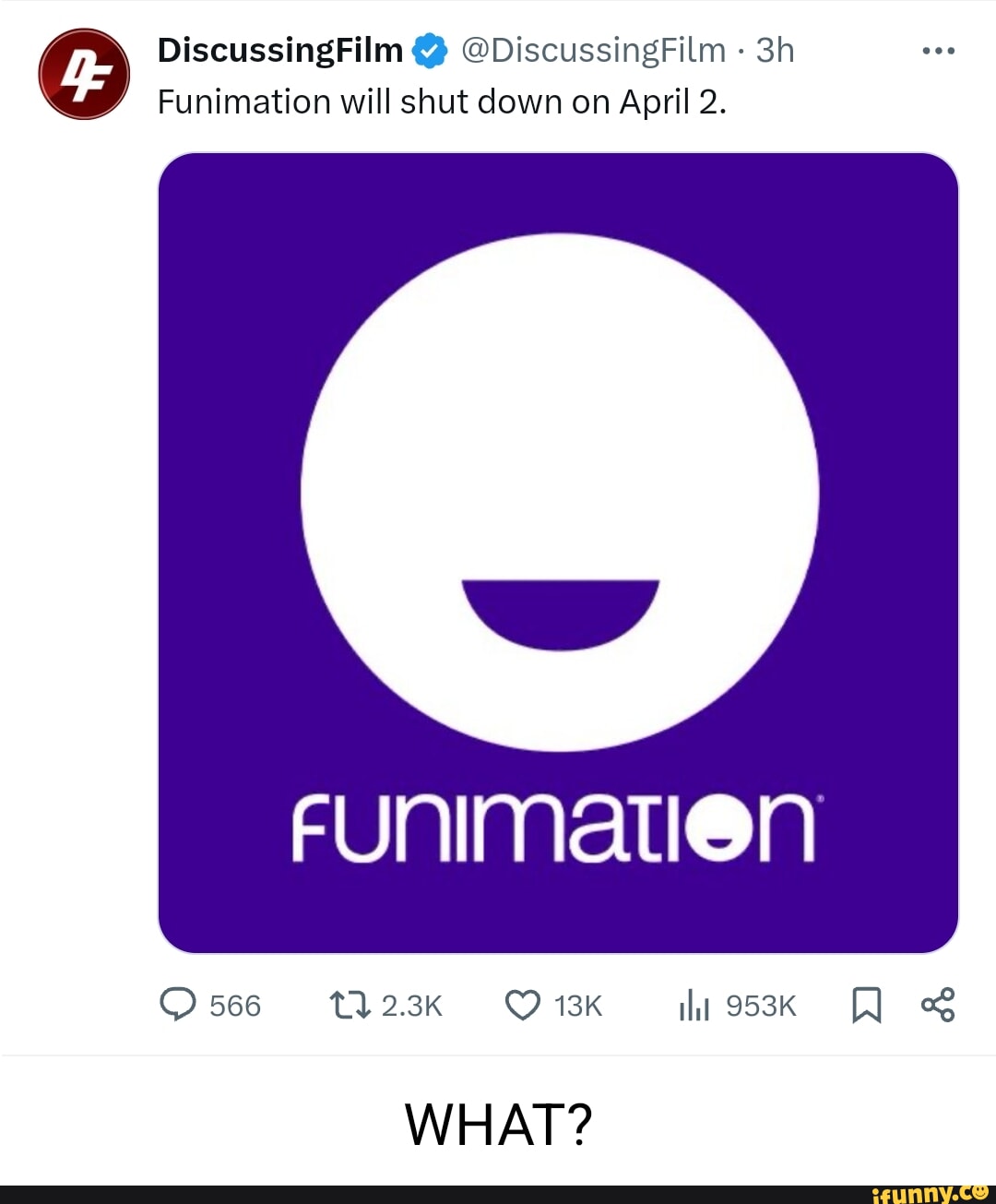 DiscussingFilm @DiscussingFilm - Funimation will shut down on April 2