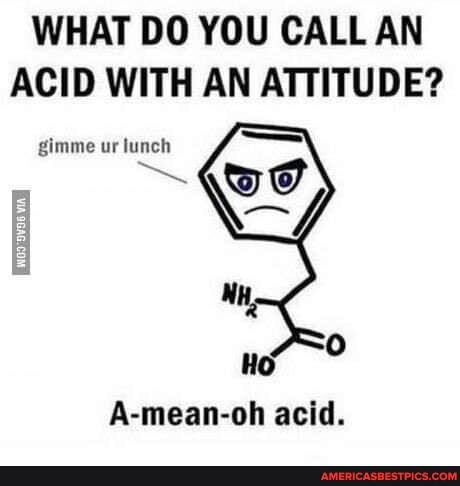 WHAT DO YOU CALL AN ACID WITH AN ATTITUDE?
gimme ur lunch
A-mean-oh acid.