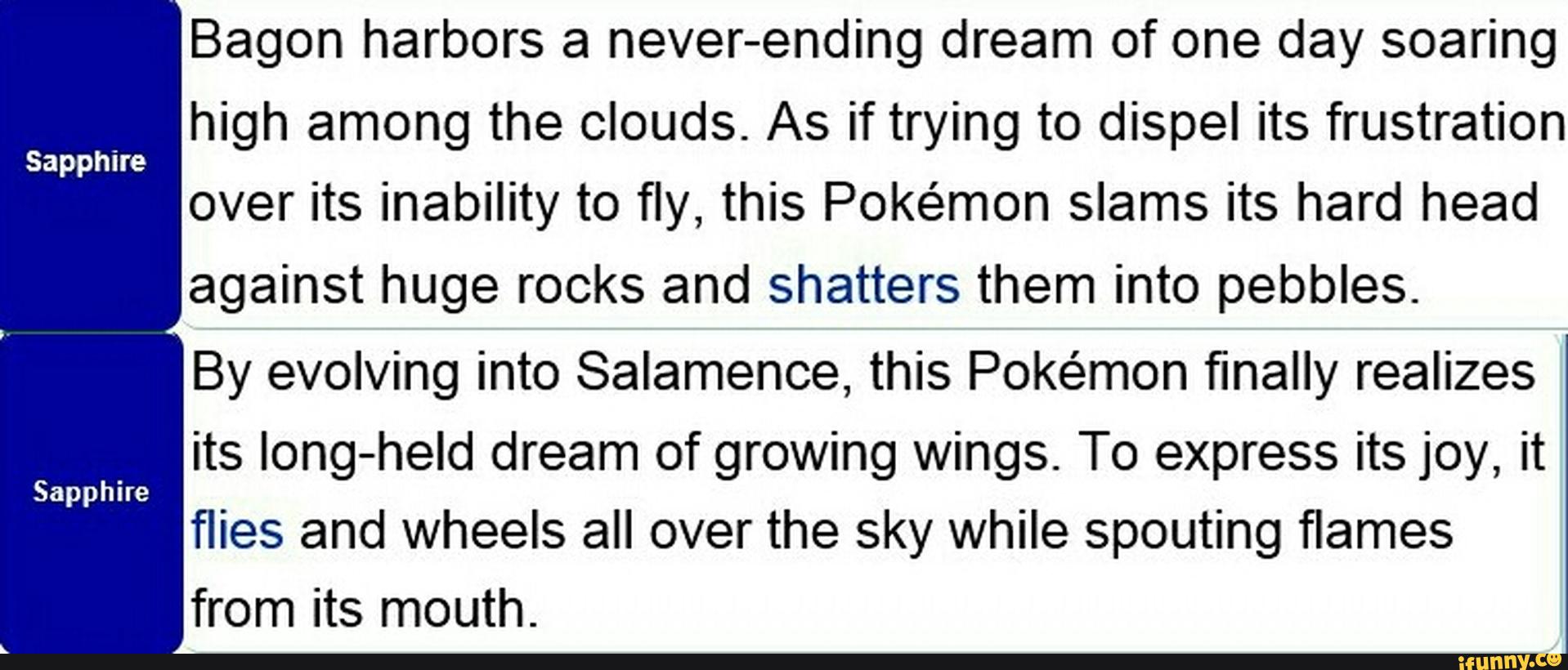 Bagon harbors a never-ending dream of one day soaring
high among the clouds. As if trying to dispel its frustration
over its inability to fly, this Pokémon slams its hard head
against huge rocks and shatters them into pebbles.
Sapphire
By evolving into Salamence, this Pokémon finally realizes
its Iong-held dream of growing wings. To express its joy, it
flies and wheels all over the sky while spouting flames
from its mouth.
Sapphire