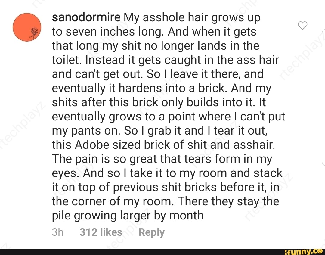 sanodormire My asshole hair grows up
to seven inches long. And when it gets
that long my shit no longer lands in the
toilet. Instead it gets caught in the ass hair
and can't get out. So I leave it there, and
eventually it hardens into a brick. And my
shits after this brick only builds into it. It
eventually grows to a point where I can't put
my pants on. So I grab it and Itear it out,
this Adobe sized brick of shit and asshair.
The pain is so great that tears form in my
eyes. And so I take it to my room and stack
it on top of previous shit bricks before it, in
the corner of my room. There they stay the
pile growing larger by month
3h 312 likes Reply