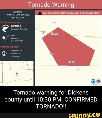 Tornado Warning This sa life threatening situation. Seek shelter now