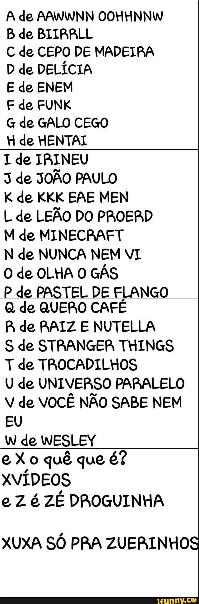 A de AAWWNN OOHHNNW
B de BIIRRLL
C de CEPO DE MADEIRA
D de DELICIA
May a
F de FUNK
G de GALO CEGO
H de HENTAL
1 de IRINEU
3 de JOÃO PAULO
L de LEÃO DO PROERD
M de MINECRAFT
N de NUNCA NEM VI
O de OLHA O GÁS
P de PASTEL DE FLANGO
Q de QUERO CAFÉ
A de RAIZ E NUTELLA
T de TROCADILHOS
U de UNIVERSO PARALELO
V de VOCÊ NÃO SABE NEM