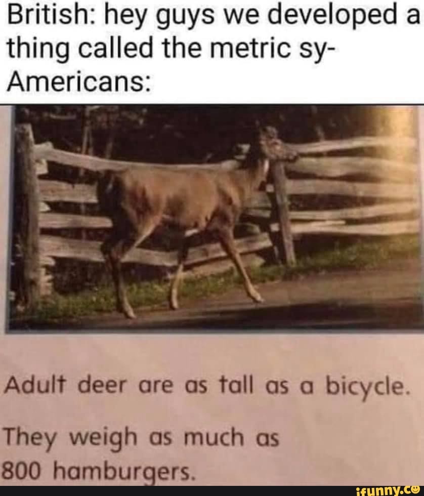 British: hey guys we developed a thing called the metric sy-
Americans:
Adult deer ore as tall as bicycle.
They weigh as much as
800 hamburgers.