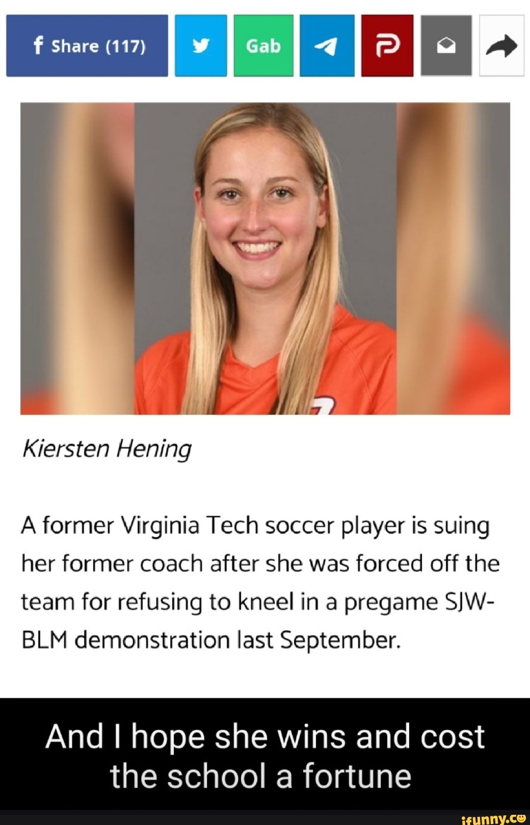 Share (117) Kiersten Hening A former Virginia Tech soccer player is