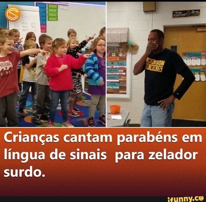 Crianças cantam parabéns em língua de sinais para zelador surdo.