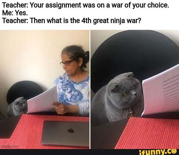 Teacher: Your assignment was on a war of your choice.
Me: Yes.
Teacher: Then what is the great ninja war?