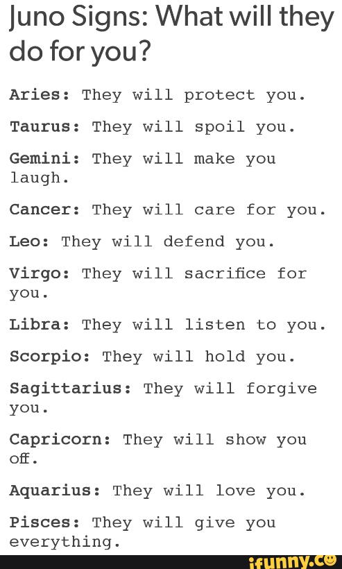 Juno Signs: What will they do for you? Aries: They will protect you ...