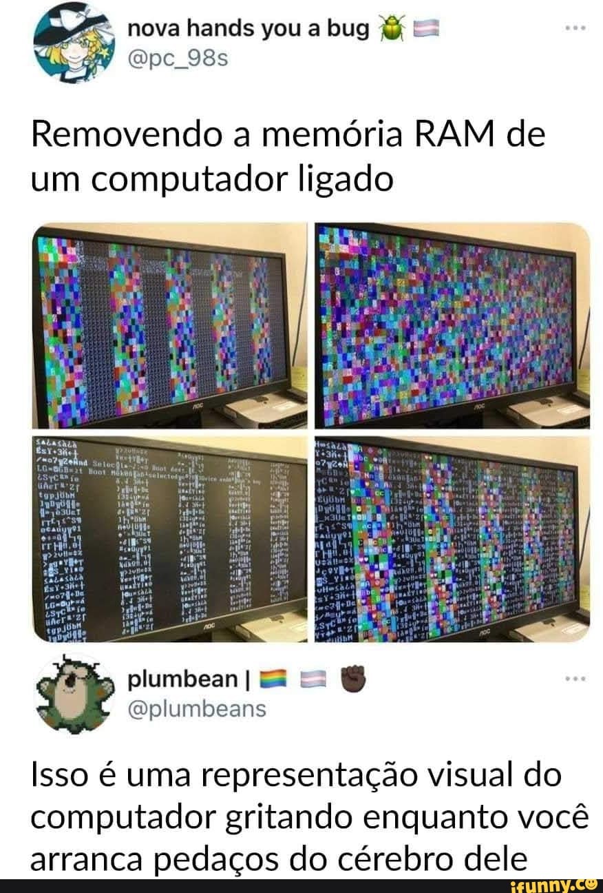 nova hands you bug ES
pc
Removendo a memória RAM de um computador ligado
Gplumbeans
Isso é uma representação visual do computador gritando enquanto você arranca pedaços do cérebro dele