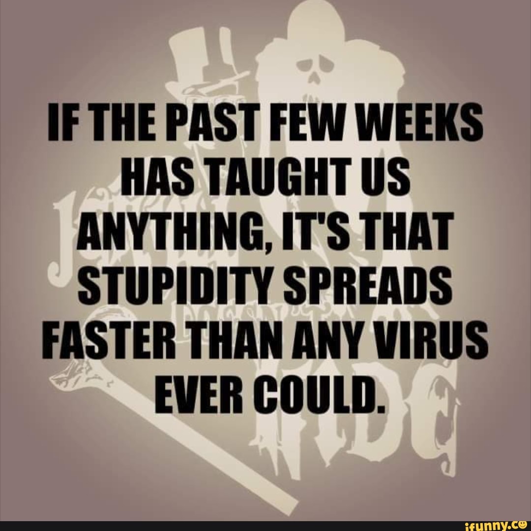 IF THE PAST FEW WEEKS
HAS TAUGHT US
ANYTHING, IT'S THAT
STUPIDITY SPREADS
FASTER THAN ANY VIRUS
EVER COULD.