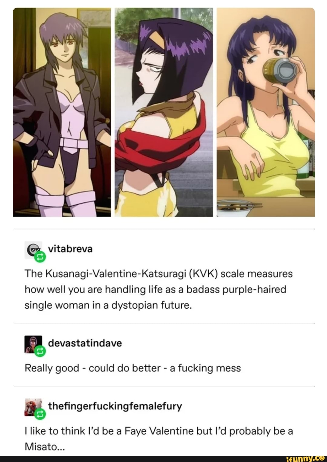 The Kusanagi-Valentine-Katsuragi (KVK) scale measures
how well you are handling life as a badass purple-haired
single woman in a dystopian future.
Really good could do better a fucking mess
I like to think I'd be a Faye Valentine but I'd probably be a