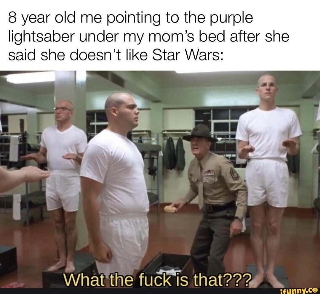 8 year old me pointing to the purple
lightsaber under my mom's bed after she
said she doesn't like Star Wars:
fuck