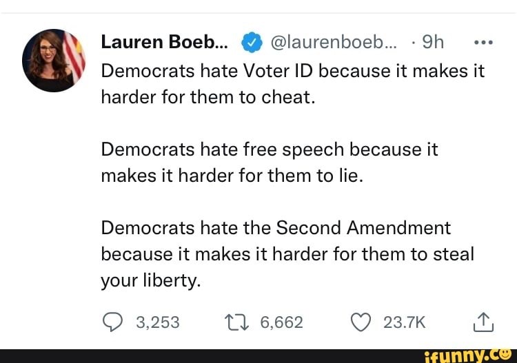 Lauren Boeb... @laurenboeb... Democrats hate Voter ID because it makes ...