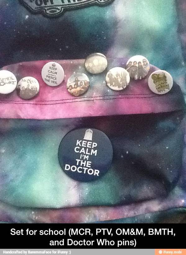 Set for school (MCR, PTV, OM&M, BMTH,
and Doctor Who pins) - Set for school (MCR, PTV, OM&M, BMTH, and Doctor Who pins)