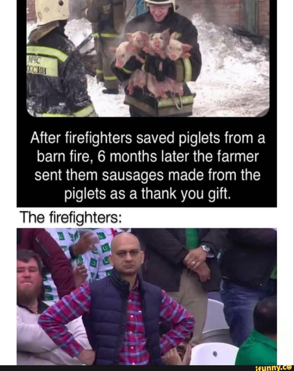 After firefighters saved piglets from a barn fire, 6 months later the farmer sent them sausages made from the
piglets as a thank you gift.
The firefighters: