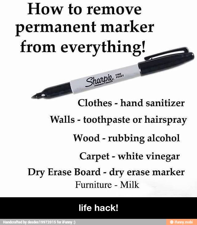 How to remove
permanent marker
from everything!
A
Clothes
hand sanitizer
Walls
toothpaste or
hairspray
Wood rubbing alcohol
Carpet white vinegar
Dry Erase Board
dry erase
marker
Furniture
Milk - life hack!