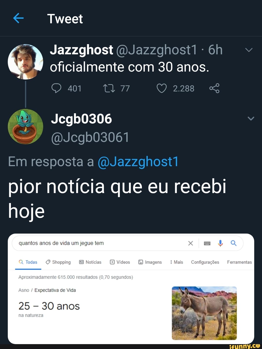 Tweet
Jazzghost (DJazzghostT - oficialmente com 30 anos.
am 77 2288
Jcgb0306
(DJcgb03061
Em resposta a (QJazzghost1
pior notícia que eu recebi hoje
quantos anos de vida um jegue tem
Feramentos
Aproximadamente 615.000 resultados (0,70 segundos)
Asno / Expectativa de Vida
25 30 anos
na