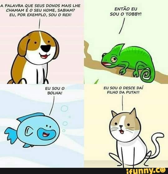 A PALAVRA QUE SEUS DONOS MAIS LHE CHAMAM É O SEU NOME, SABIAM? ENTAO EU EU, POR EXEMPLO, SOU O REX! sou o ToBBy!
EUSOUO EU SOU O DESCE DAÍ BOLHA! FILHO DA PUTA!