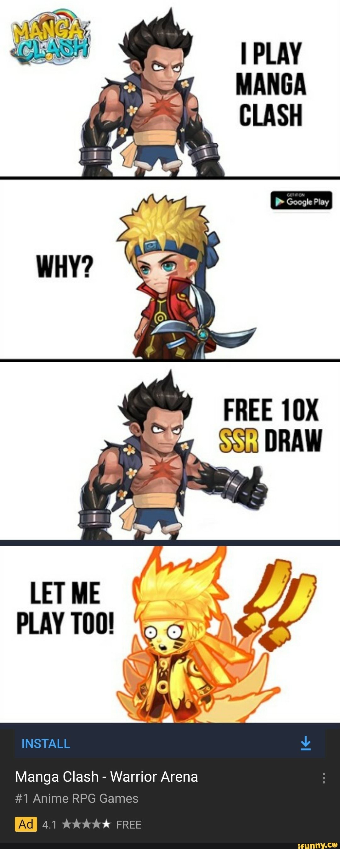 PLAY CLASH FREE DRAW LET ME PLAY TOO! INSTALL Manga Clash - Warrior Arena  #1 Anime RPG Games  FREE Ad 