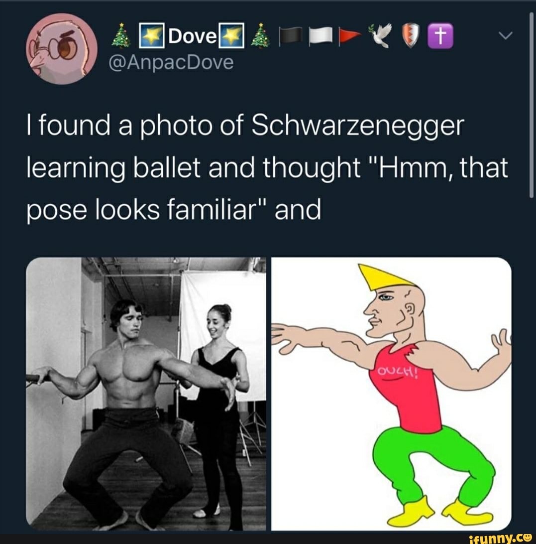 I found a photo of Schwarzenegger
learning ballet and thought "Hmm, that
pose looks familiar" and