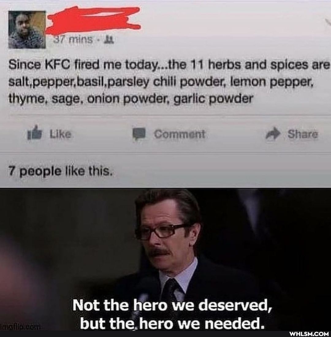 Since KFC fired me today...the 11 herbs and spices are salt, pepper,basil.parsley chili powder, lemon pepper, thyme, sage, onion powder, garlic powder
Like Comment Share
Not the hero we deserved,
fla
7 people like this.