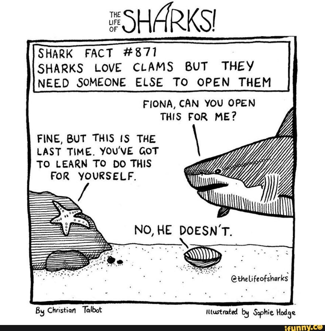 SHARK FACT #871
SHARKS LOVE CLAMS BUT THEY NEED SOMEONE ELSE TO OPEN THEM
FIONA, CAN YOU OPEN THIS FOR ME?
FINE, BUT THIS IS THE Y LAST TIME. YOu'VE GoT TO LEARN TO DO THIS FOR YOURSELF.
NO, HE DOESN'T.
@theli feofsharks
By Christian Talbot Ntustrated by Sophie Hodge