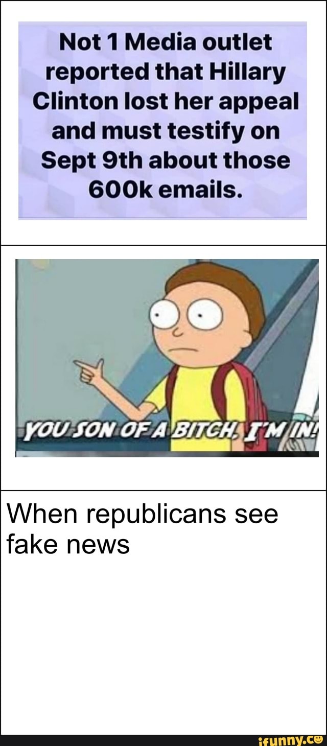 Not 1 Media outlet
reported that Hillary
Clinton lost her appeal
and must testify on
Sept 9th about those
600k emails.
When republicans see
fake news