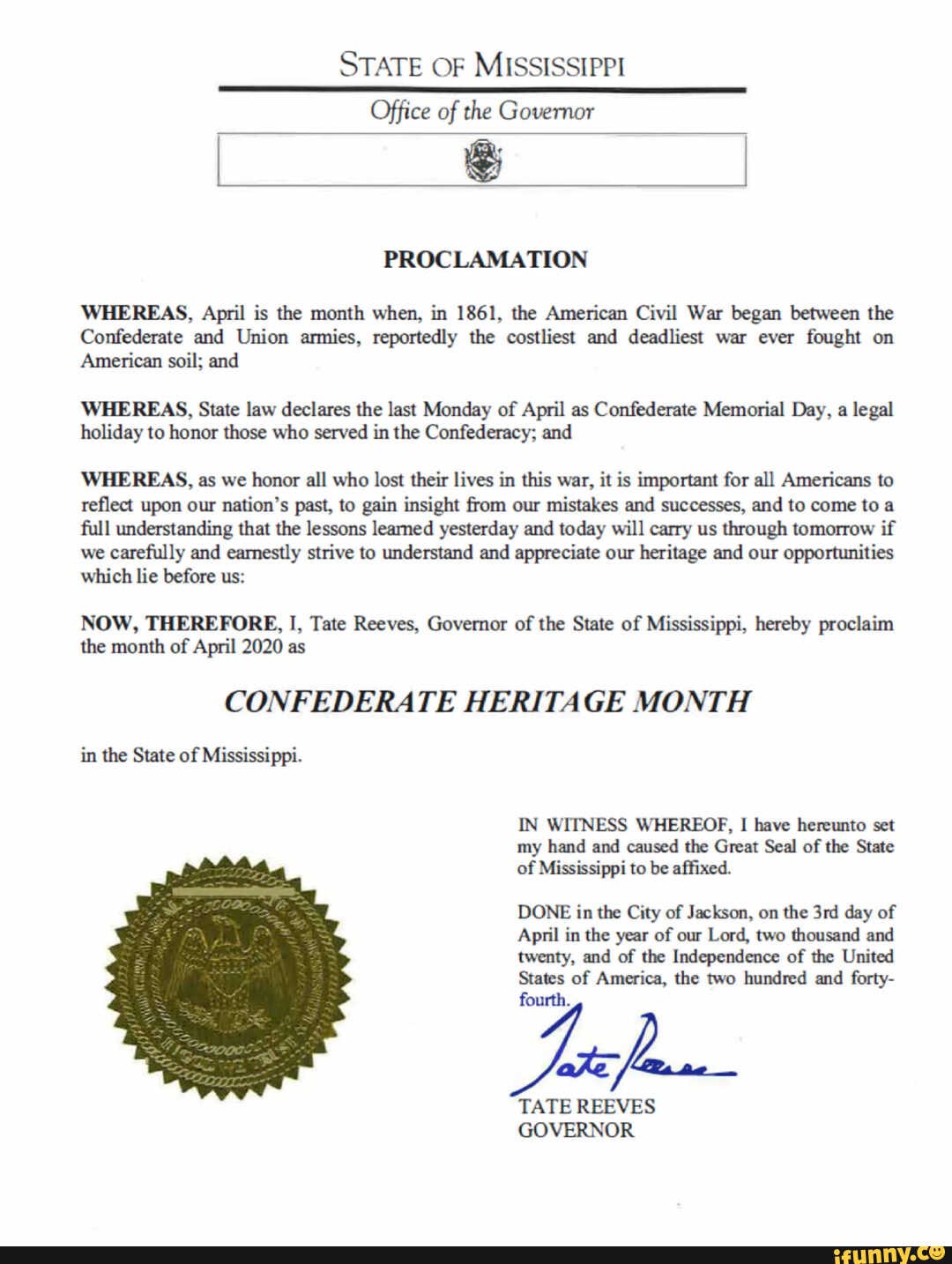 STATE OF MISSISSIPPI Office of the Governor PROCLAMATION WHEREAS, April