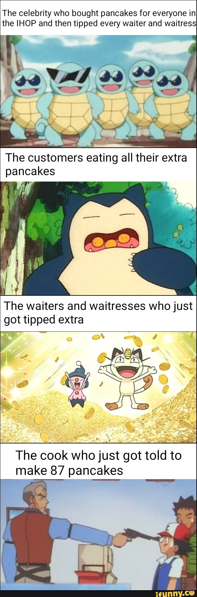 The celebrity who bought pancakes for everyone in the [HOP and then tipped every waiter and waitress
q\, ww
The customers eating all their extra pancakes
The waiters and waitresses who just got tipped extra
p ME
The cook who just got told to make 87 pancakes