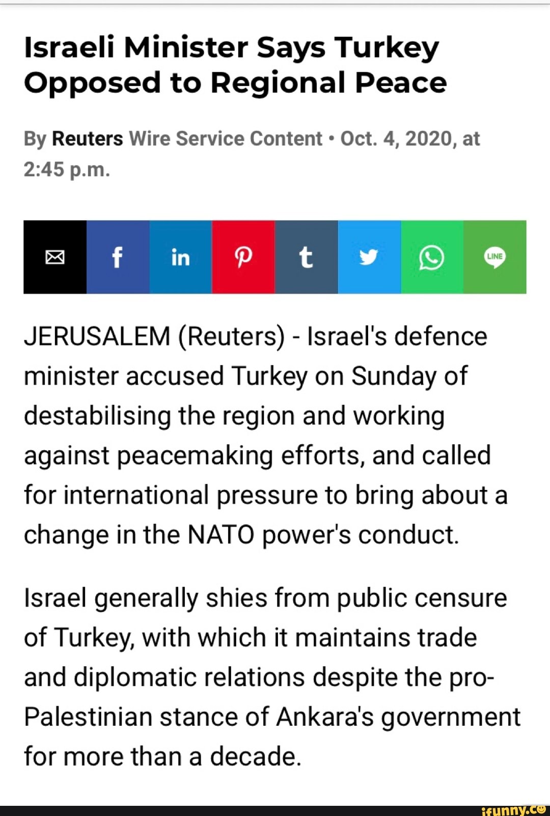 Israeli Minister Says Turkey Opposed to Regional Peace By Reuters Wire ...