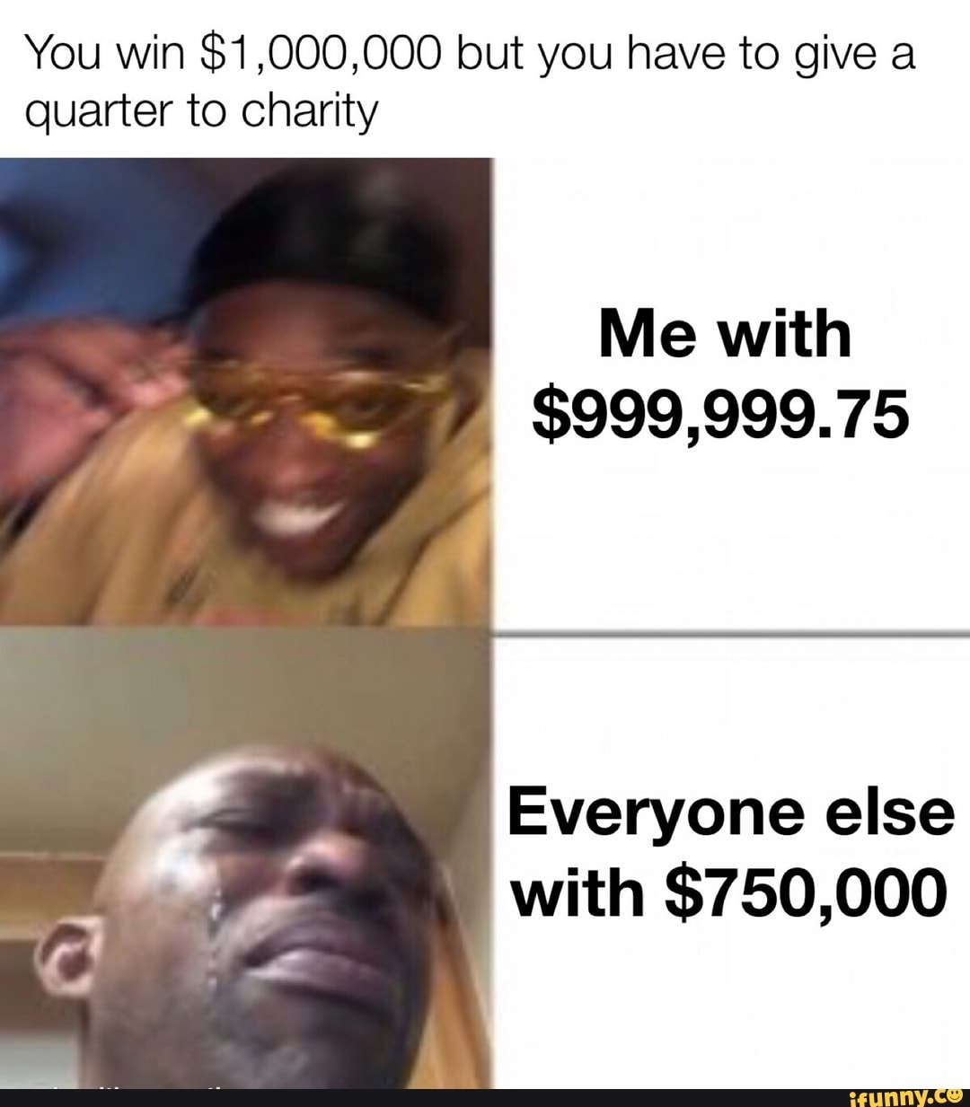 You win $1,000,000 but you have to give a
quarter to charity
Me with
$999,999.75
Everyone else
with $750,000