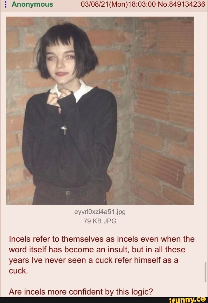 : Anonymous (Mon) No.849134236
eyvrl0xzi4a51 jpg
79 KB JPG
Incels refer to themselves as incels even when the word itself has become an insult, but in all these years lve never seen a cuck refer himself as a cuck.
Are incels more confident by this logic?