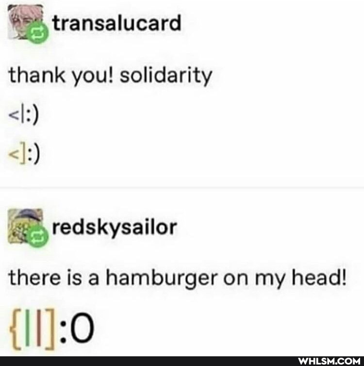 transalucard
thank you! solidarity
<I:)
redskysailor
there is a hamburger on my head!
Re)