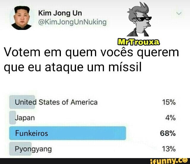 Votem em quem vocês querem
que eu ataque um míssil
Pyongyang 13%